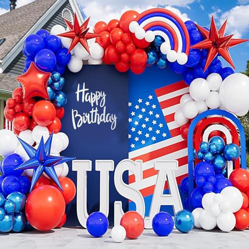 Image of 173PCS Red White and Blue Balloons Garland Arch Kit, 18 12 10 5 Inch Red White Blue Balloons for Independence Day Graduation Birthday Party Decorations