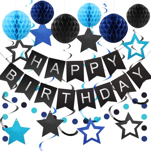 Image of meowtastic Birthday Decorations Happy Birthday Banner with Honeycomb Balls | 16pcs Birthday Set: 1 Banner+6 Honeycomb Balls+8 Star Spirals+1 Circle Dots, Happy Birthday Decor - Black and Blue