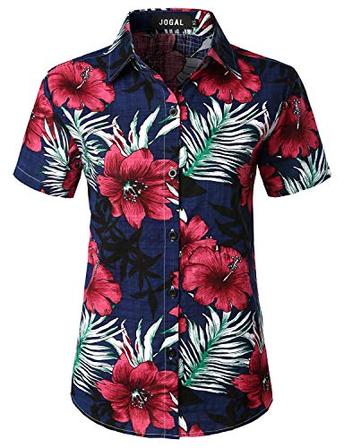 JOGAL Damen Casual Kurzarm Hawaiihemd Blumenmuster Strand Hawaiibluse...
