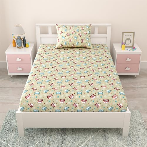 Image of Mafatlal Coo Coo Pure Cotton Kids Bedsheets for Single Size Bed with 1 Pillow Cover, 144 TC (228x152 cm) - Lightweight, Fun & Durable | Beechnut, for Boys & Girls