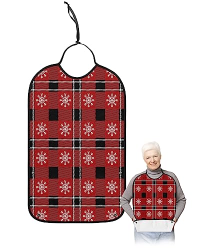 Christmas Snowflake Adult Bibs for Eating, Waterproof Bibs with Food Catcher & Adjustable Snap Closure, Red Black Plaid Winter Snowflake Washable Clothing Protectors Adult Bibs for Elderly Women/Men