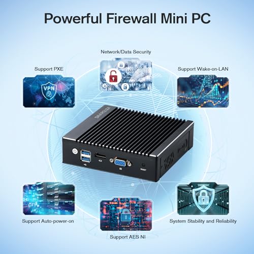 Image of Micro Firewall Appliance, Fanless Mini PC Intel N3700 4Cores /4Threads, 6X Intel 2.5 GbE i226-V LAN, AES-NI, DDR3 8GB SSD 128GB Router Network Security USB3.0 /VGA /HD