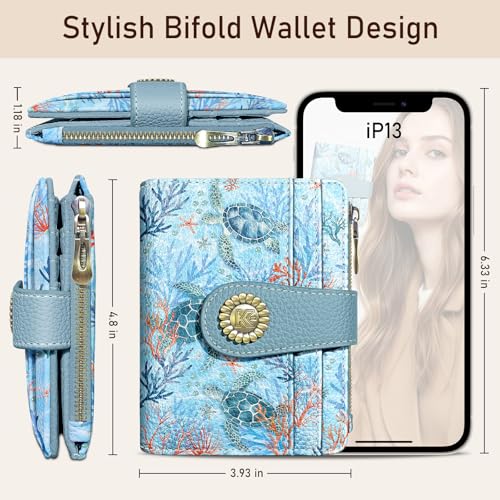 Image of Kelvoris Sea Turtle Small Rfid Women Wallet Bifold Zipper Coin Pocket | PU Leather Compact Cash Credit Card Holder Travel Purse for Female Ladies Teen Girls 1 ID Window 10 Card Slots