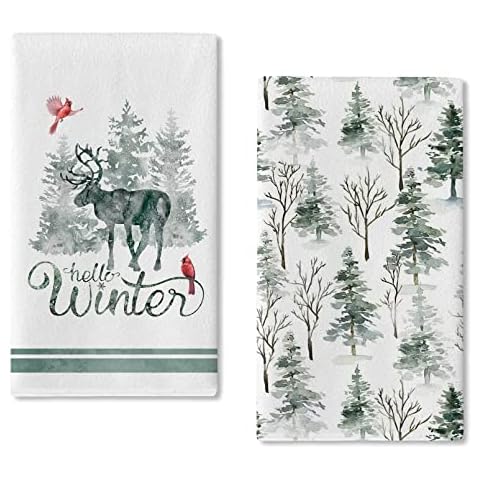 Seliem Hello Winter Watercolor Pine Trees Kitchen Dish Towel Set of 2, Cardinal Reindeer Blue Grey Hand Drying Baking Cooking Cloth, Red Bird Farmhouse Snow Christmas Decor Home Decoration 18 x 26 Cover
