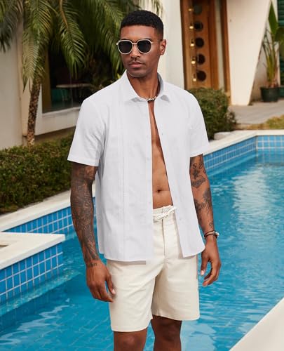 Guayabera Linen Shirts for Men Short Sleeve Button Down Shirt Hawaiian Shirt Cuban Summer Shirts Beach Shirts4