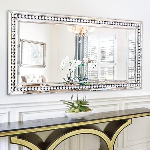 Image of 24 inch X 47 inch Crystal Large Wall Mirror with Beveled Glass Frame for Living Room Decor, Modern Rectangular Elegant Mirror Above Fireplace Mantle /Console Table, Long Narrow Design