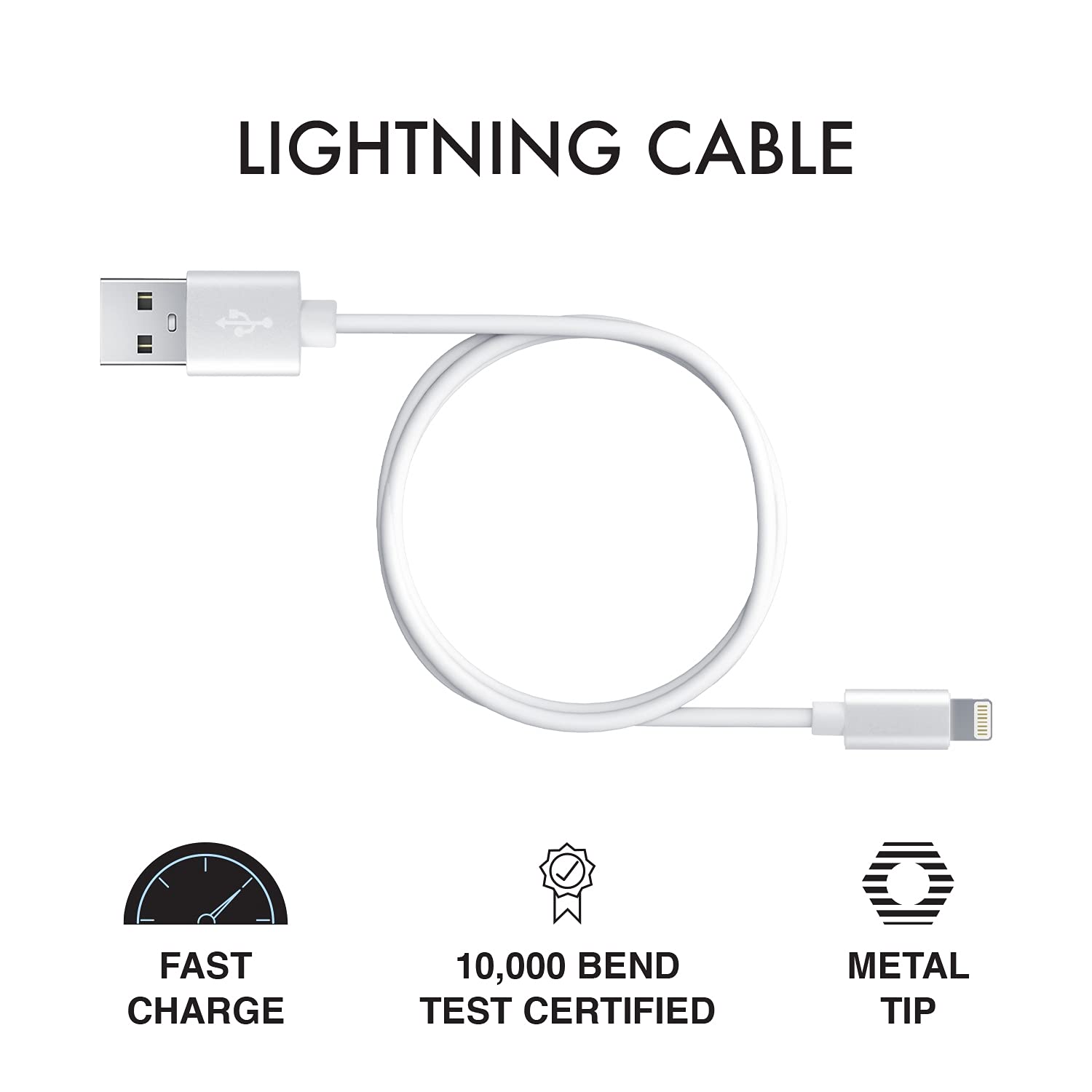 iHip 6ft PVC White Lightning Cable Rubber Finish Bend Test Certified - iPhone Charger Cable Durable USB Charging Cable Cord for iPhone/iPad/iPod