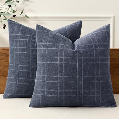 Image of MIULEE Decorative Linen Check Throw Pillow Covers Neutral Farmhouse Vintage Pillow Covers 20x20 Set of 2 Boho Modern Home Decor for Sofa Couch Bedroom Cushion Navy Blue
