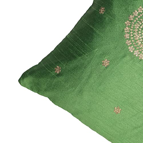 Image of THE COCOTIER Pure Silk Cushion Cover with Hand Embroidery, Pitta Work, Traditional Design, Zip Closure. (Green,16 X 16)