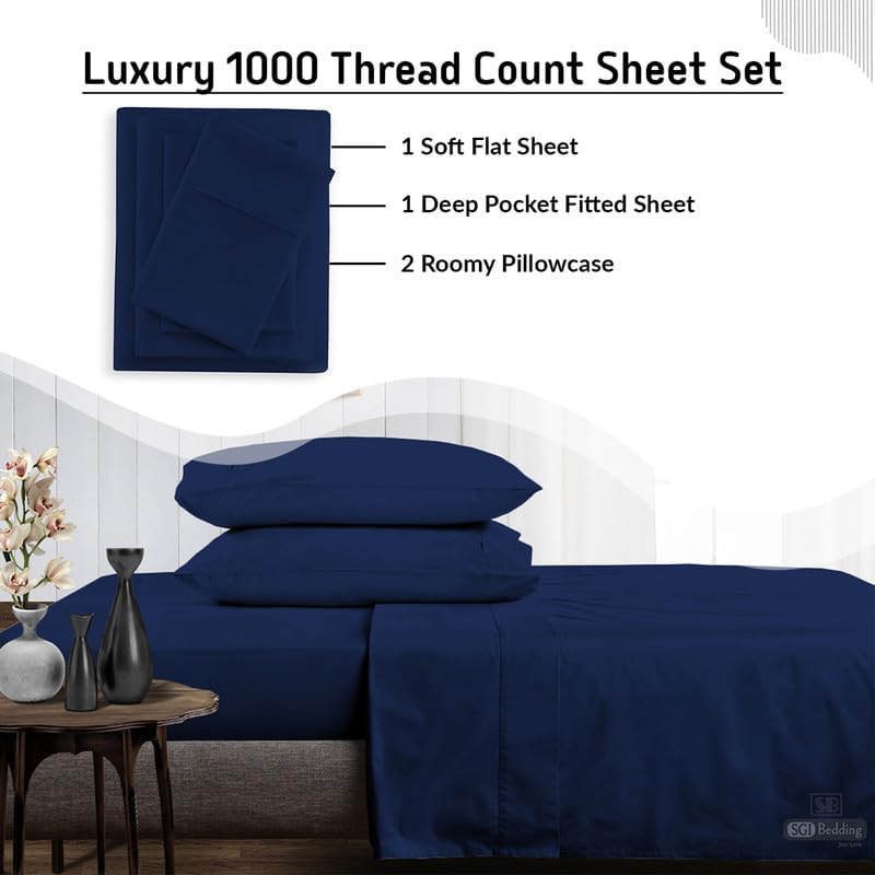 Miniatura 2 de SGI - Juego de sábanas de algodón de 1000 hilos, calidad premium, 4 piezas, 1 sábana bajera, 1 sábana encimera y 2 fundas de almohada, bolsillo