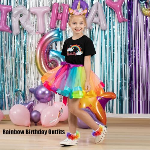 Image of Rainbow Birthday Outfits for Girls-T-shirt,Tutu Skirt Dress,Ruffle Socks,Headband,Unicorn Gifts for Girls