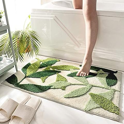Decorative Bath Rugs 18"x26" Small Bathroom Mats for Bath Tub Sink Water Absorbent Non Slip Microfiber Shower Green Rug for Entrance Indoor Doormats, Leaves Cover