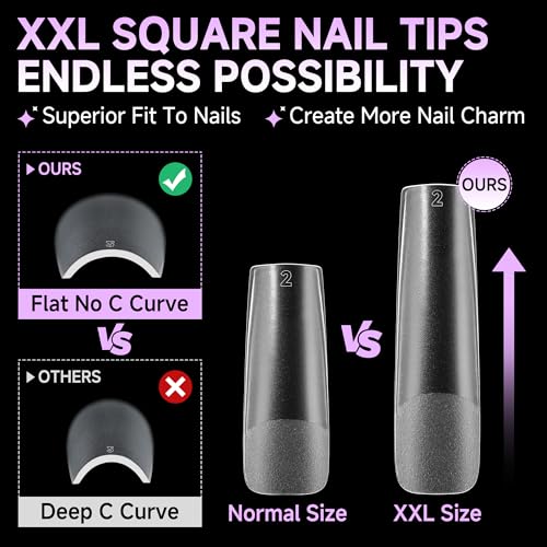 Image of UNA GELLA XXL Long Square Nail Tips No Need File 216pcs Extra Long Straight Square Gel Nail Tips No C Curve Full Cover Press On Nails Clear Gel Extensions 12 Sizes