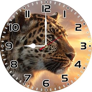 SRongmao Leopard Wall Clocks 12inch Round Wooden Battery Operated Silent Non Ticking Decorative African Animals Wall Clocks for Living Room Kitchen Bedroom Bathroom