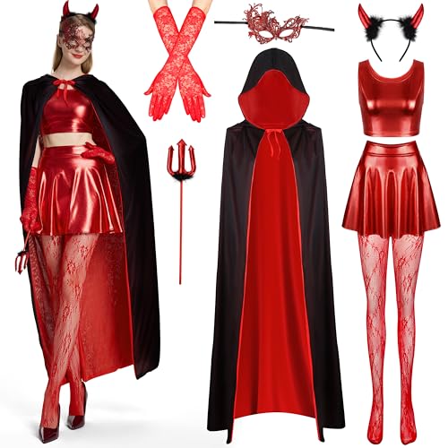 IEEILULU Teufel Kostüm Damen, Frauen Teufelkostüm mit Teufelsgabel, Stirnband, Augenbinde und Handschuhen, Schwarz Rot Doppelseitig Teufel Umhang...