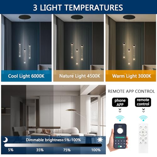 Image of 3 Light Black Pendant Lighting Mini Chandelier for Kitchen Island Modern Crystal LED Pendant Light Adjustable Dimmable Pendant Light Fixture for Dinning Room Bedroom Ceiling Hanging Lights 2700K 6000K