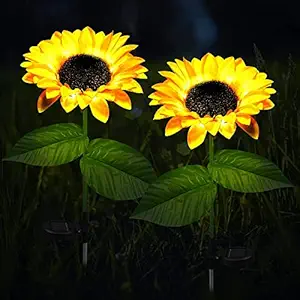 Quace Solar Powered Realistic Sunflower Lights Waterproof Decorative Landscape Lights for Garden Patio Yard Pathway (Pack of 2)(Plastic)