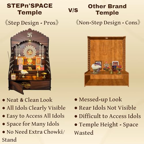 Image of STEPn'SPACE Wooden Temple For Home Big Size Mandir With LED Light & Step Wall Hanging Puja Mandir For Home Temple For Office Pooja Stand For Home & Office Temple With Storage For Shop XL-D28Xw43Xh55Cm