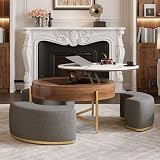 LUMISOL Lift Top Coffee Table with Storage, Round Center Table with Hidden Storage and 3 Upholstered Nesting Ottomans, Space-Saving Design, Brown+Grey