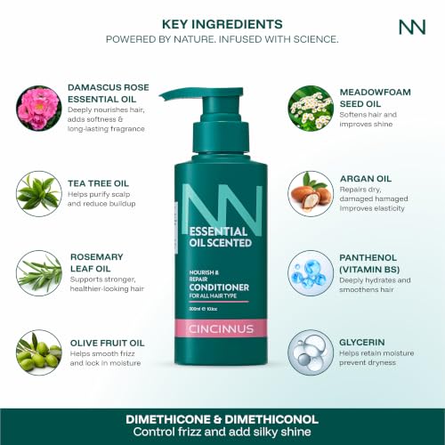 Image of Cincinnus Nourish & Repair Conditioner | Argan Oil, Tea Tree, Rosemary & Olive Oil | Strengthens & Softens Hair | Sulphate Free Anti Frizz Care for Dry Frizzy Hair (300ml)