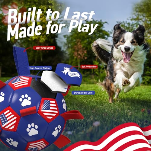Image of QDAN Dog Toys Soccer Ball with Straps, 8 Inch Dog Balls for Large Dogs | Outdoor Herding Balls for Dogs, Beach Pool Dog Water Toy, Interactive Puppy Soccer Toy with Tabs, Puppy Dog Birthday Gifts