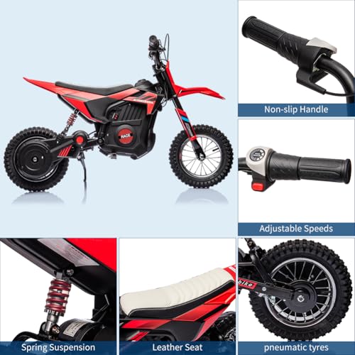 Image of Garvee 24V Kids Electric Off-Road Motorcycle, Ride on 250W Motor 13.6MPH | Fast Speed Dirt Bike, Leather Seat, Twist Grip Throttle, Metal Suspension, Air-Filled Tires for Kids Teens Riding Toy, Red