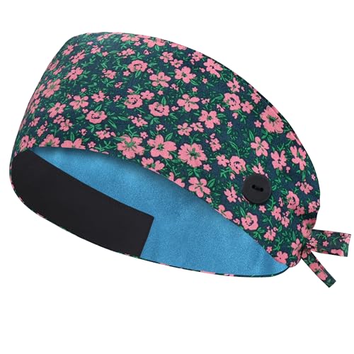 Image of Adjustable Scrub Cap with Button, Satin-Lined Cotton Scrub Hat Sweatband, Elastic Working Hat Unisex, One Size