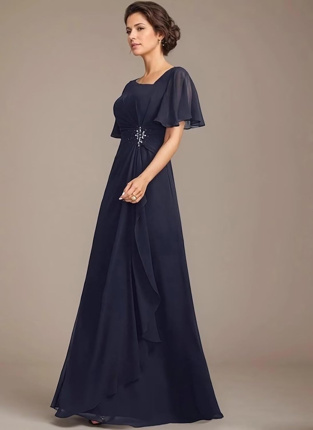 Monvelli Asymmetrical Neck Beading Mother of The Bride Dresses Long Ruffle Chiffon Formal Evening Gowns with Pockets