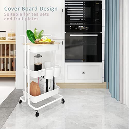 Dtk 3 Tier Utility Rolling Cart With Cover Board, Rolling Storage Cart With Handle And Locking Wheels Kitchen Cart With 2 Small Baskets And 4 Hooks For Bathroom Office Balcony Living Room(White) #TOP2
