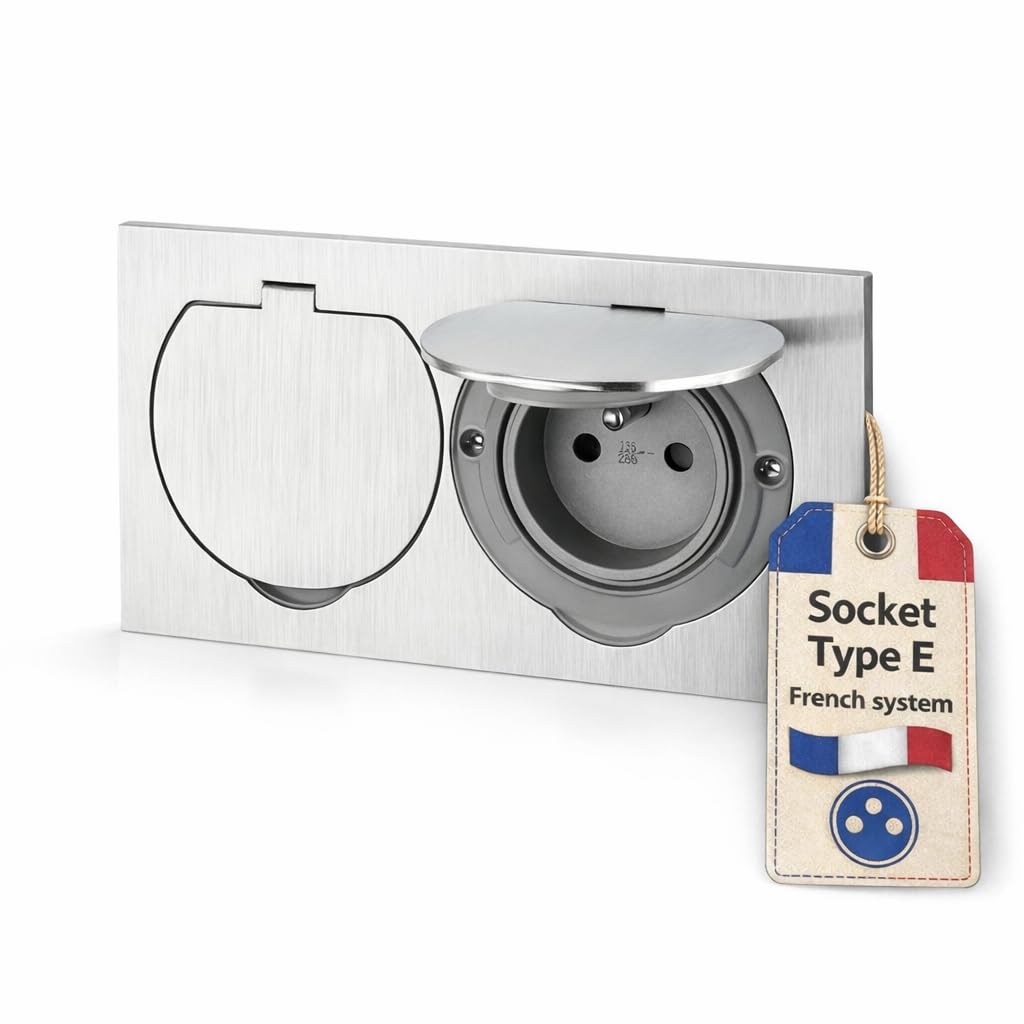 Edelstahl Doppel Einbausteckdose, Bodensteckdose IP55, Klappdeckel, Steckklemme, Typ E Französisch