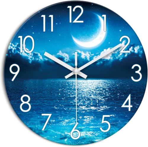 Image of XFM Large Blue Moon Wall Clock Silent Non-Ticking 20 Inch | Battery Operated Round Analog Modern Nature Night Ocean View Decorative Clock for Living Room Kitchen Bedroom Office