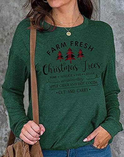 Farm Fresh Christmas Plaid Trees T-Shirt for Women Funny Letter Print Casual Long Sleeve Graphic Tee Tops (Green, Large)