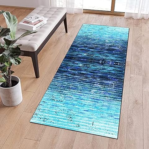 Runner Carpet Rug for Hallway Non Slip Striped 2'x2' Blue Washable Runner Door Rug with Rubber Backing Mat, 40 - 120cm Width Cover
