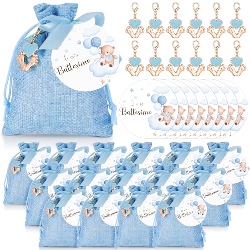 BBTO 30 Sets de Regalo para Baby Shower Incluye 30 Tarjetas Redondas de Bautizo 30 Llaveros con Forma de Huella 30 Bolsitas con Cordón Recuerdos para Baby Shower(Azul)