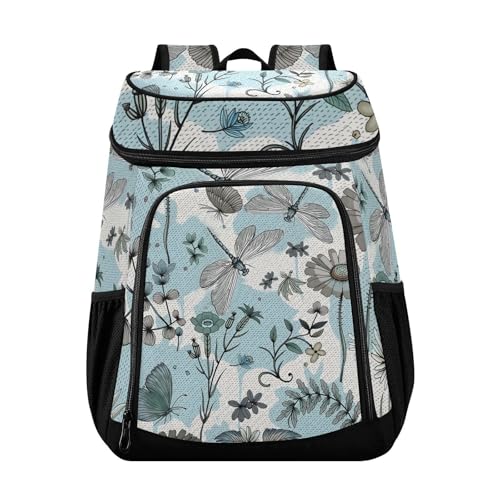 Dragonfly Wildflowers Blue Retro Cooler Backpack Cooler Insulated Leak Proof Lunch Backpack 36 Cans Waterproof Soft for Men Women Picnic Hiking Camping Beach