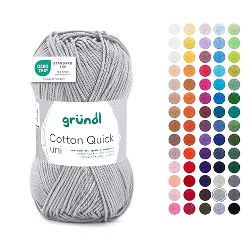 Gründl Wolle Cotton Quick Uni - Ovillo de lana fina para ganchillo, hilo de ganchillo, brillante y delicado con la piel, 100% algodón, 1 ovillo de 50 g/125 m, grosor de aguja 3-4, gris medio