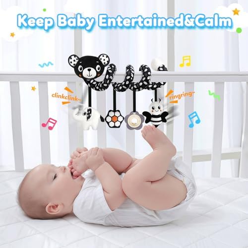GKDOMS Baby Carseat Toy Black & White Rattle Spiral Hanging Activity Stroller Toy for Newborns Boys and Girls - Bear - 3