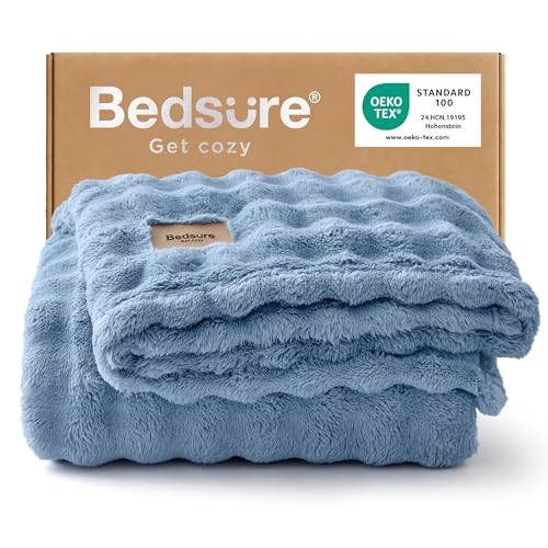 BEDSURE Bubble Decke - Kuscheldecke Flauschig, Sofadecke, Wolldecke und Fleecedecke, Weiche Warme Decken für Zimmer Deko, Wohn- und Kuscheldecken, Tagesdecke, Blau, 130x170 cm