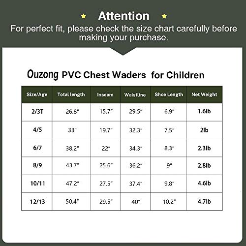 Ouzong Chest Waders for Kids, Lightweight Cleated Nylon and PVC Fishing Bootfoot Chest Waders for Boy and Girl with Boot Hanger, Army Green Waterproof Chest Waders for Children (Green, 2/3)