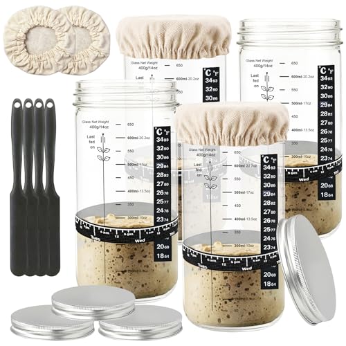 4 Pack Sourdough Starter Jar, 22 oz/650ml Wide Mouth Glass Jar Kit
