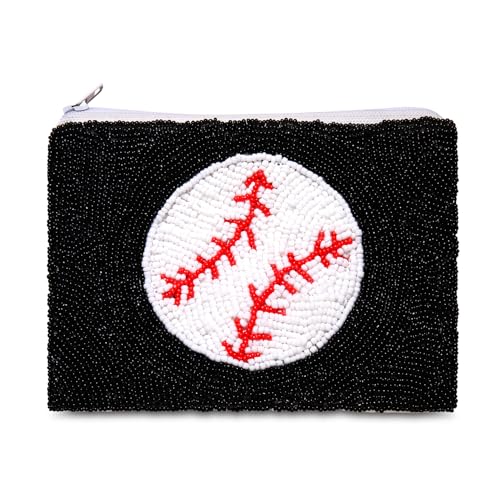 Image of Game Day Coin Purse Beaded Baseball Coin Purse for Women Sports Holiday Coin Pouch Small Change Purse Wallet for Her (Black Baseball)