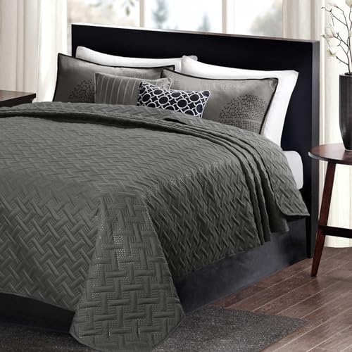 WOLTU Colcha para Cama con Motivos Geométricos Colcha Multiuso Edredón de Patchwork Manta de Dormitorio Suave y Agradable para la Piel Diseño Reversible Gris Oscuro 240x260 cm