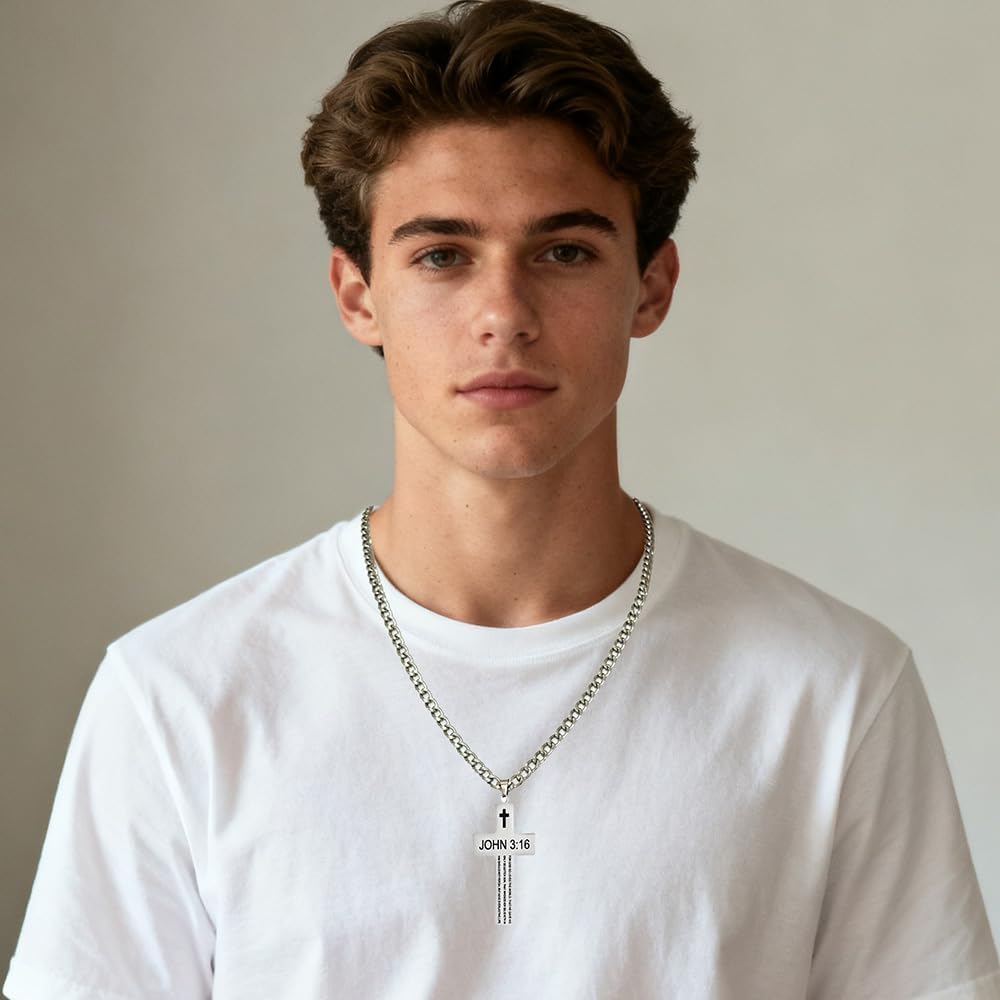 Cross Necklace With Bible Verse John 3 16 For Men Women Silver Christian Inspirational Religious Faith Baptism Stainless Steel Jewelry Gift Cuban Chain 24 inch - Image 4