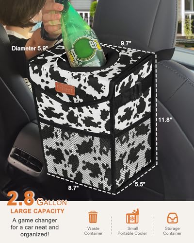 Image of Pritent Car Trash Can with Lid, Cute Leakproof Car Trash Garbage Bag Hanging Vehicle Trash Bin Small Portable Automotive Garbage Cans Organizer for Back /Front Seat /Console(2.8 Gallons,Cow Print)
