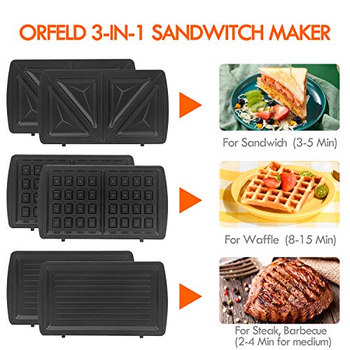 ORFELD Sandwich Maker, Sandwich Panini Grill, 750-Watts, 3-in-1 Detachable Non-stick Coating, LED Indicator Lights