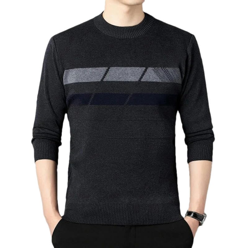 Korean Autumn Winter Stripe Round Neck Sweater Men's Casual Loose Warm Patchwork Long Sleeved Knitted Top2