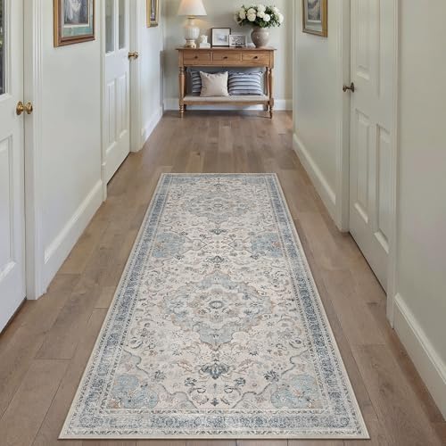 PureCozy Blue Runner Rug 2x6 Kitchen Vintage Floral Non-Slip Carpet