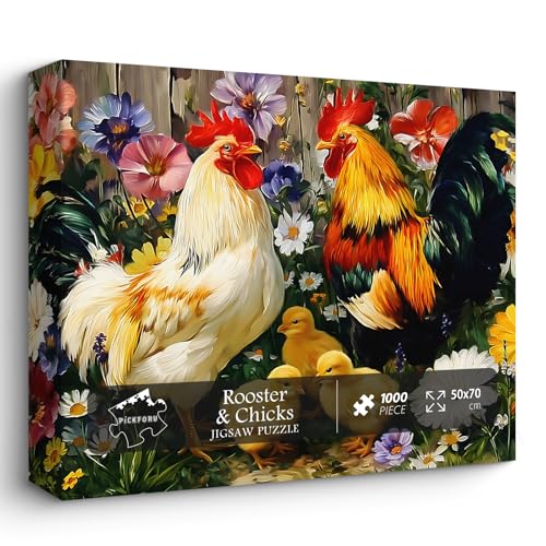 Chicken Puzzles for Adults 1000 Pieces, PICKFORU Rooster Jigsaw Puzzle Flower, Hard Difficult Cute Animals Theme for Home Wall Decor