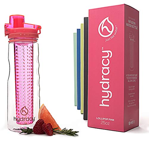 Hydracy Fruit Infuser Water Bottle - 25 Oz Sports Bottle with Full Length Infusion Rod and Insulating Sleeve Combo Set + 27 Fruit Infused Water Recipes eBook Gift - Lollipop Pink