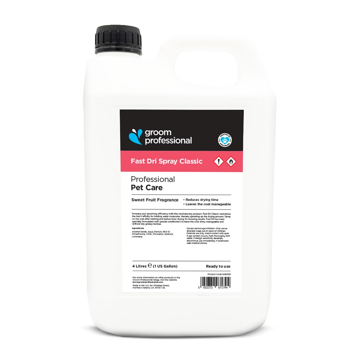 GROOM PROFESSIONAL Fast Dri Classic Dog Spray - Pet Finishing Spray for Quick Drying - Reduces Drying Time After Baths - Unique Formula to Neutralise Hair's Ability to Hold Water, 4 Litre